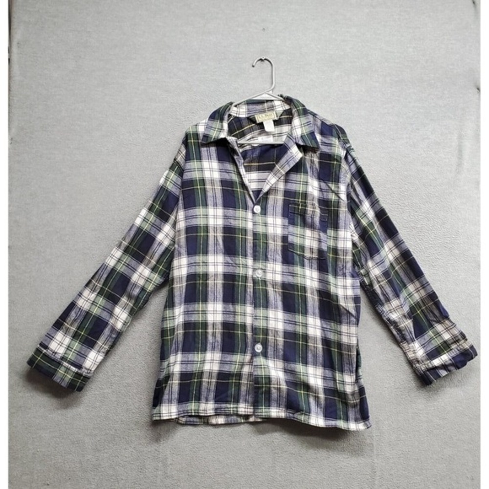 VINTAGE L.L. Bean Men Sleepwear Large Blue Plaid Flannel Shirt Made in USA